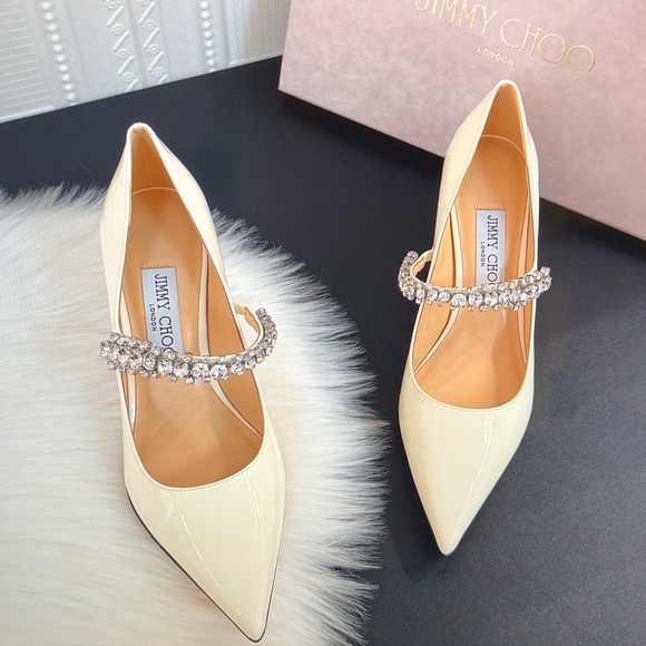 Jimmy Choo Shoes - Jimmy Choo Off-White Bing Pumps 85 Heels with Crystal Strap